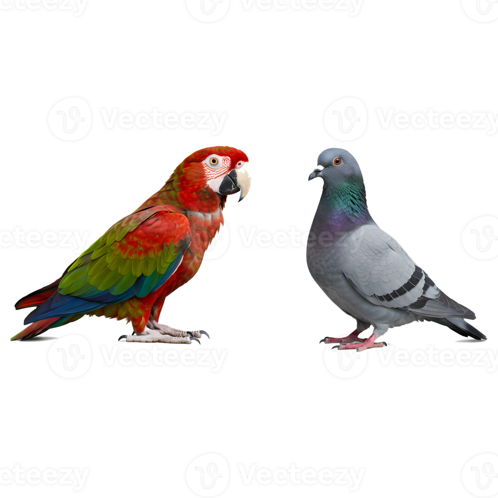 A parrot with red and green feathers standing next to a pigeon on an isolated plain setting view on transparent background png