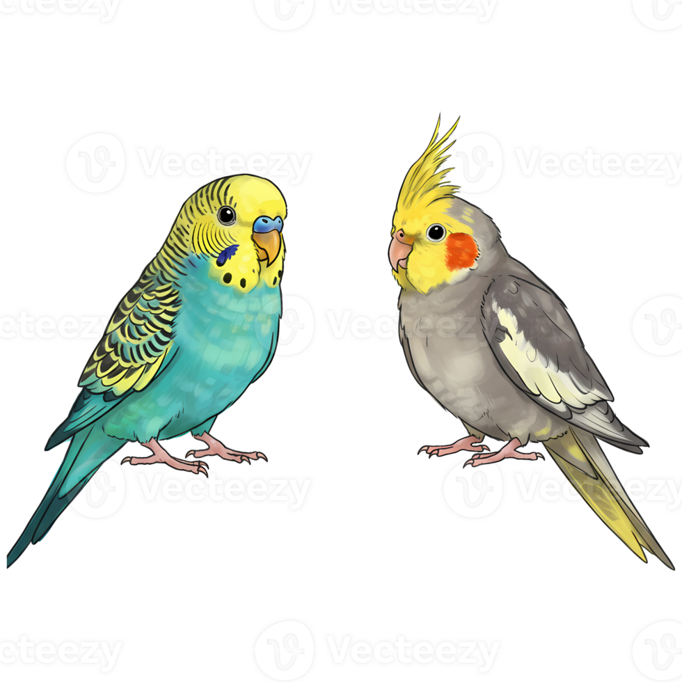 Two birds a budgerigar and a cockatiel standing next to each other with a plain color surrounding them on transparent background png