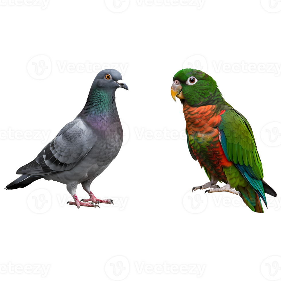 A pigeon and a parrot standing side by side facing each other in a studio photography setting view on transparent background png