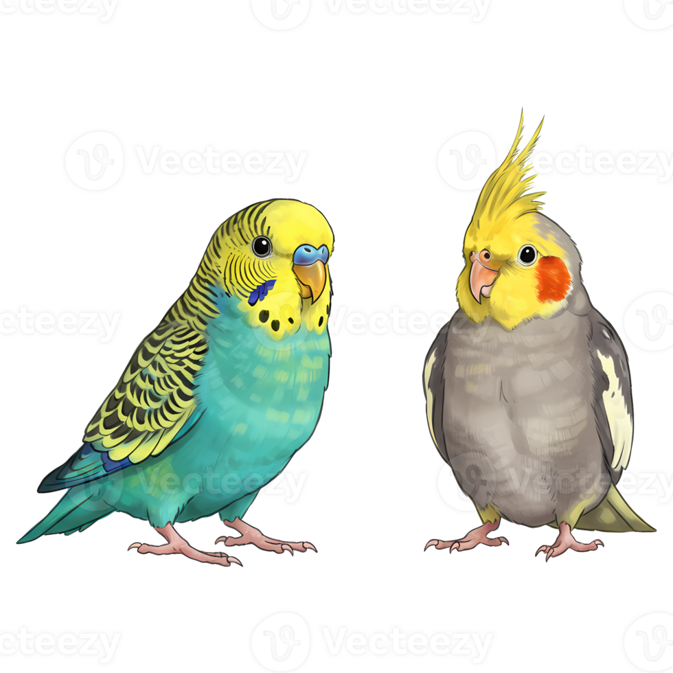 A vibrant parakeet and a cockatiel stand side by side against a plain backdrop in a digital rendering on transparent background png
