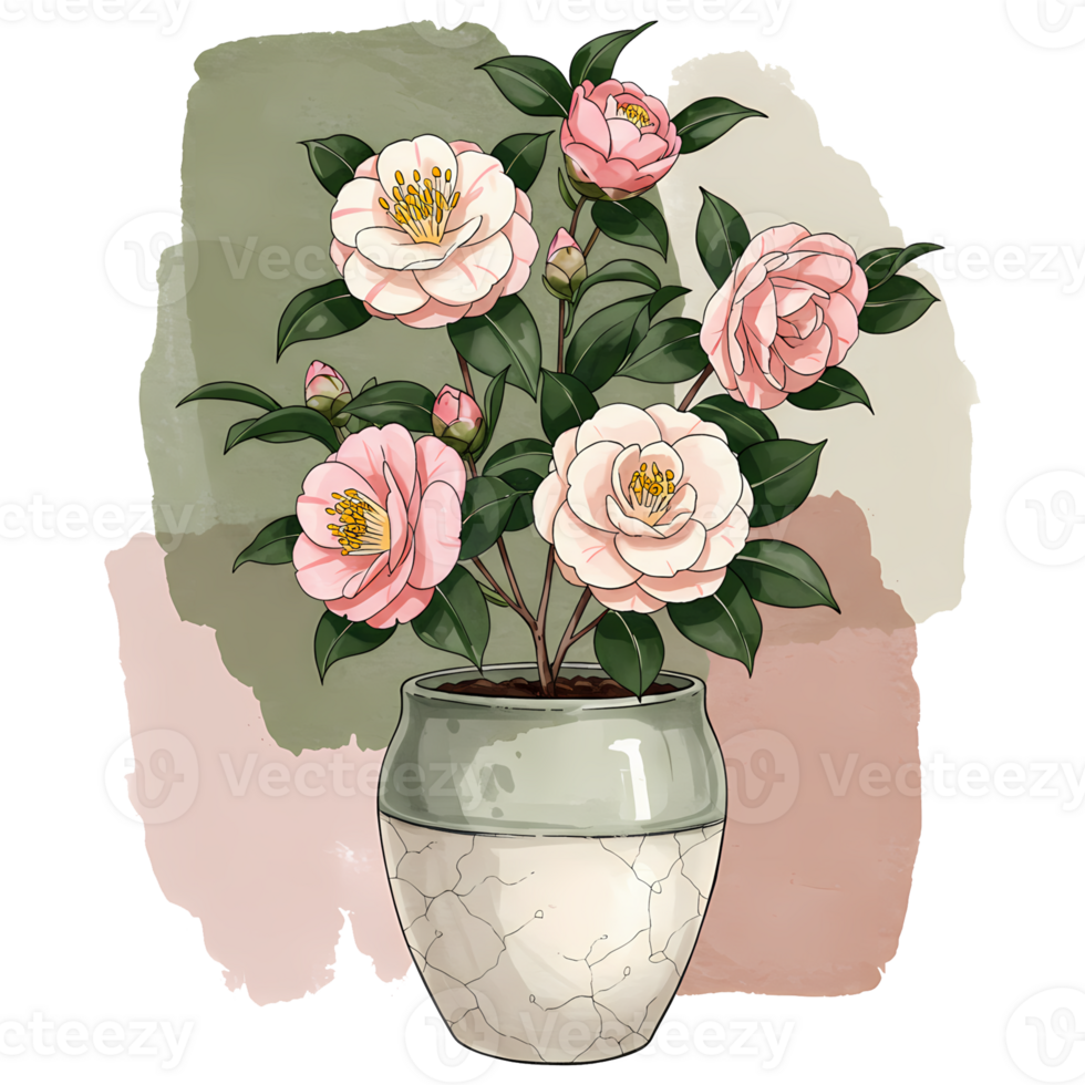 A watercolor style painting of pink camellias in a cracked vase against a muted green and pink wall on transparent background png