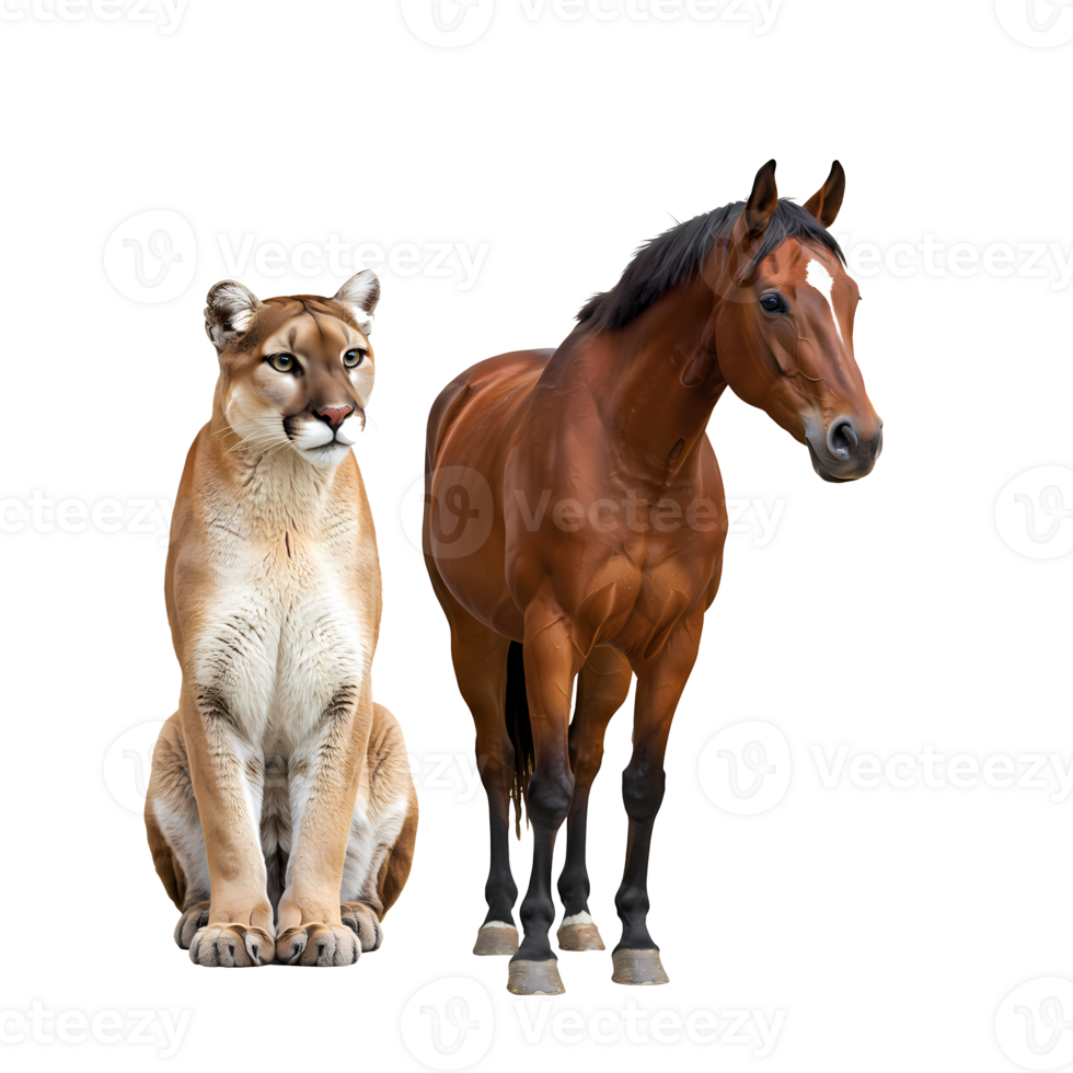 A cougar sitting next to a brown horse standing upright in a digitally created composition image view on transparent background png