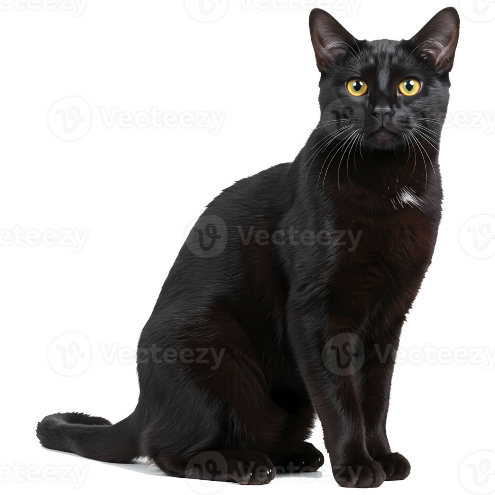 A sleek feline with amber eyes sits gracefully against a plain setting posing for a captivating portrait on transparent background png