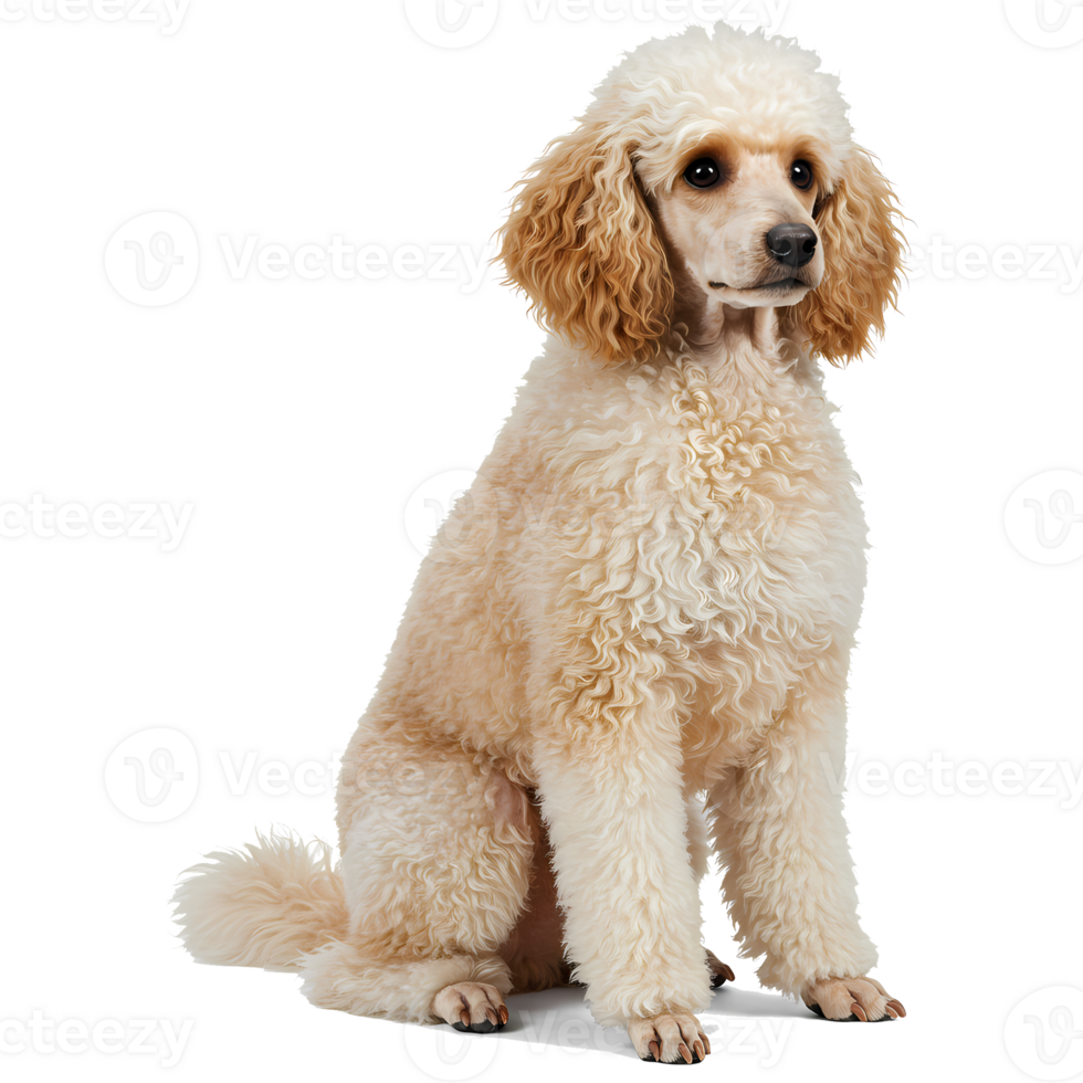 A cream colored poodle sitting upright with a neutral expression on a plain neutral background space on transparent background png