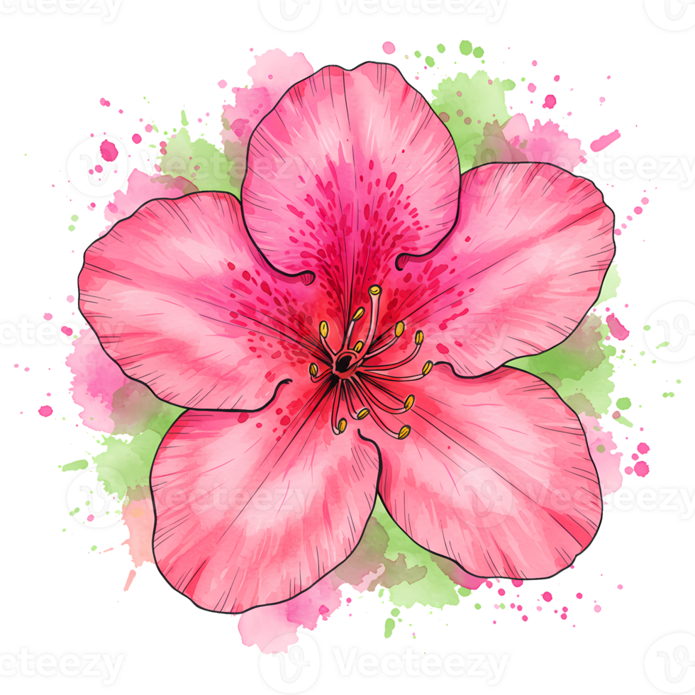 A watercolor style drawing of a five petal flower with pink and green splashes around the edges of it on transparent background png