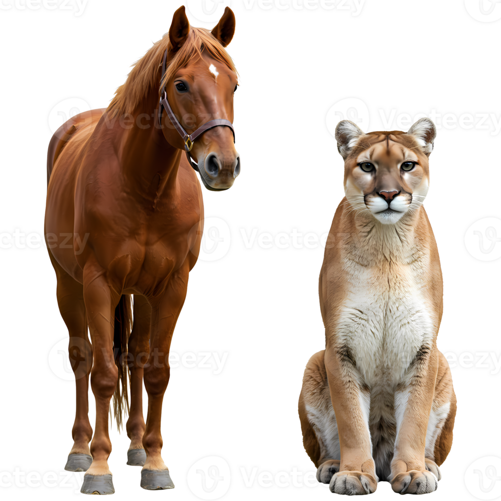 Chestnut horse standing beside a seated cougar looking forward in a portrait style image shot on transparent background png