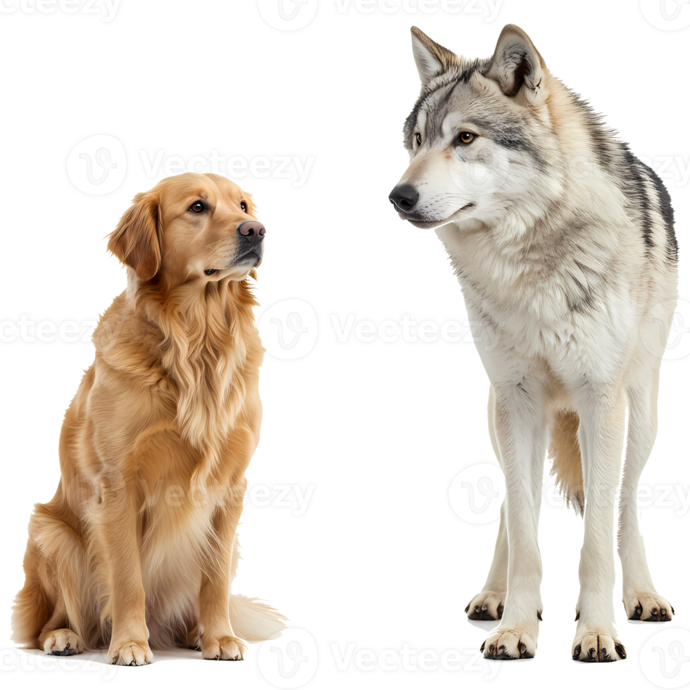 A golden retriever sitting next to a wolf looking away on a plain studio style presentation image on transparent background png