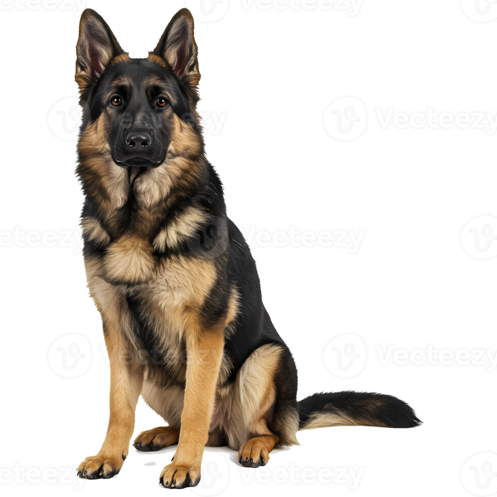 A german shepherd sitting with alert expression and erect ears against a plain color setting on transparent background png