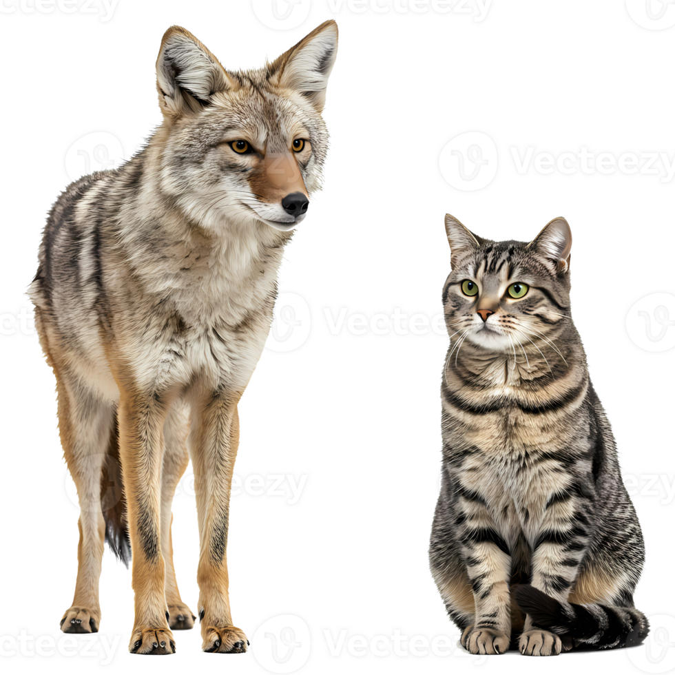 A coyote standing next to a tabby cat on a transparent image looking to the right side of the frame on transparent background png