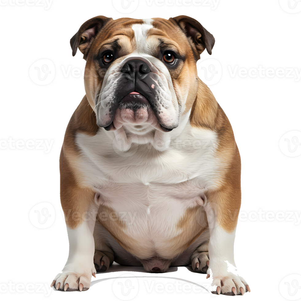 A bulldog sitting straight looking at the viewer with a transparent color around the dog image here on transparent background png