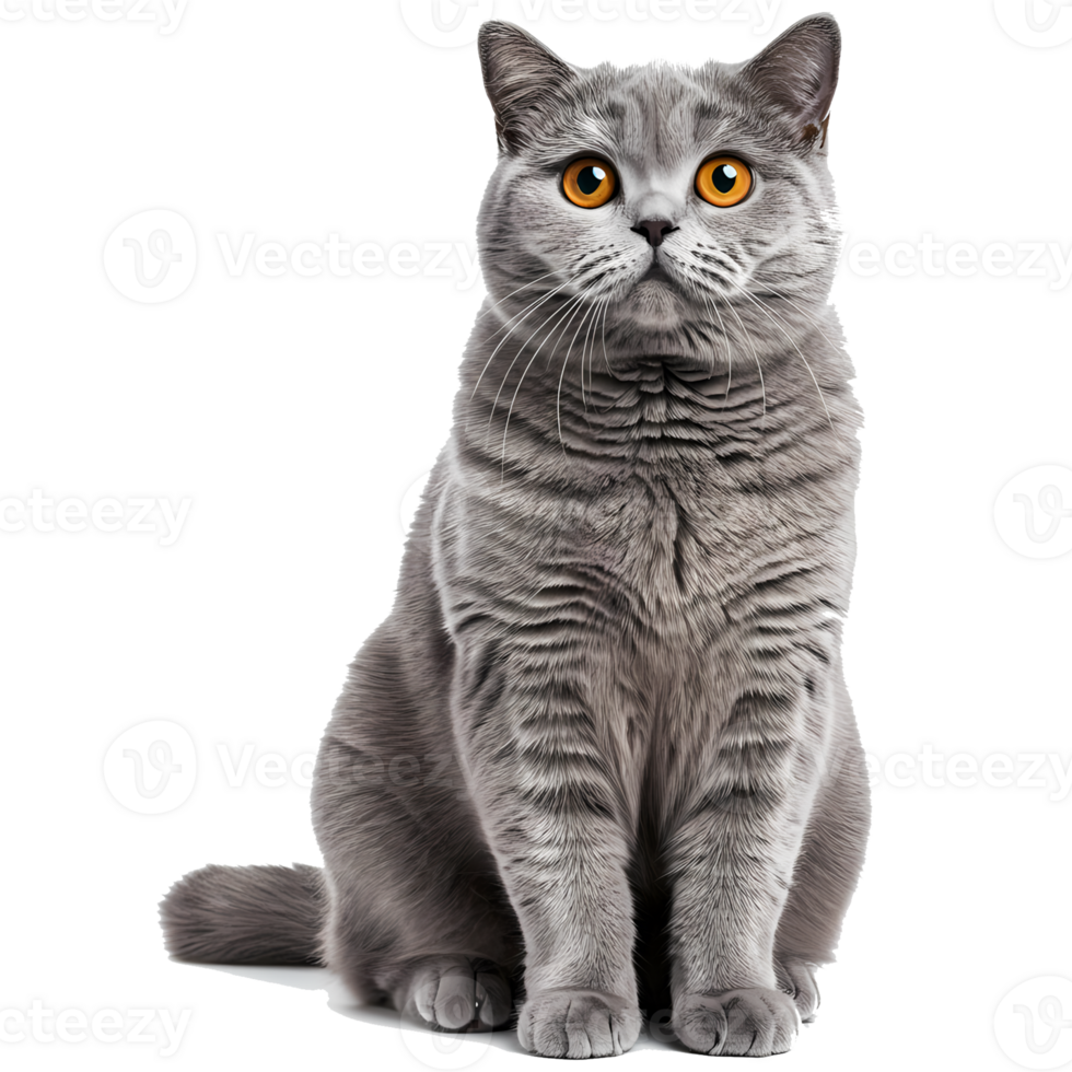 A gray tabby cat with orange eyes sitting and looking forward in a studio environment posing nicely on transparent background png