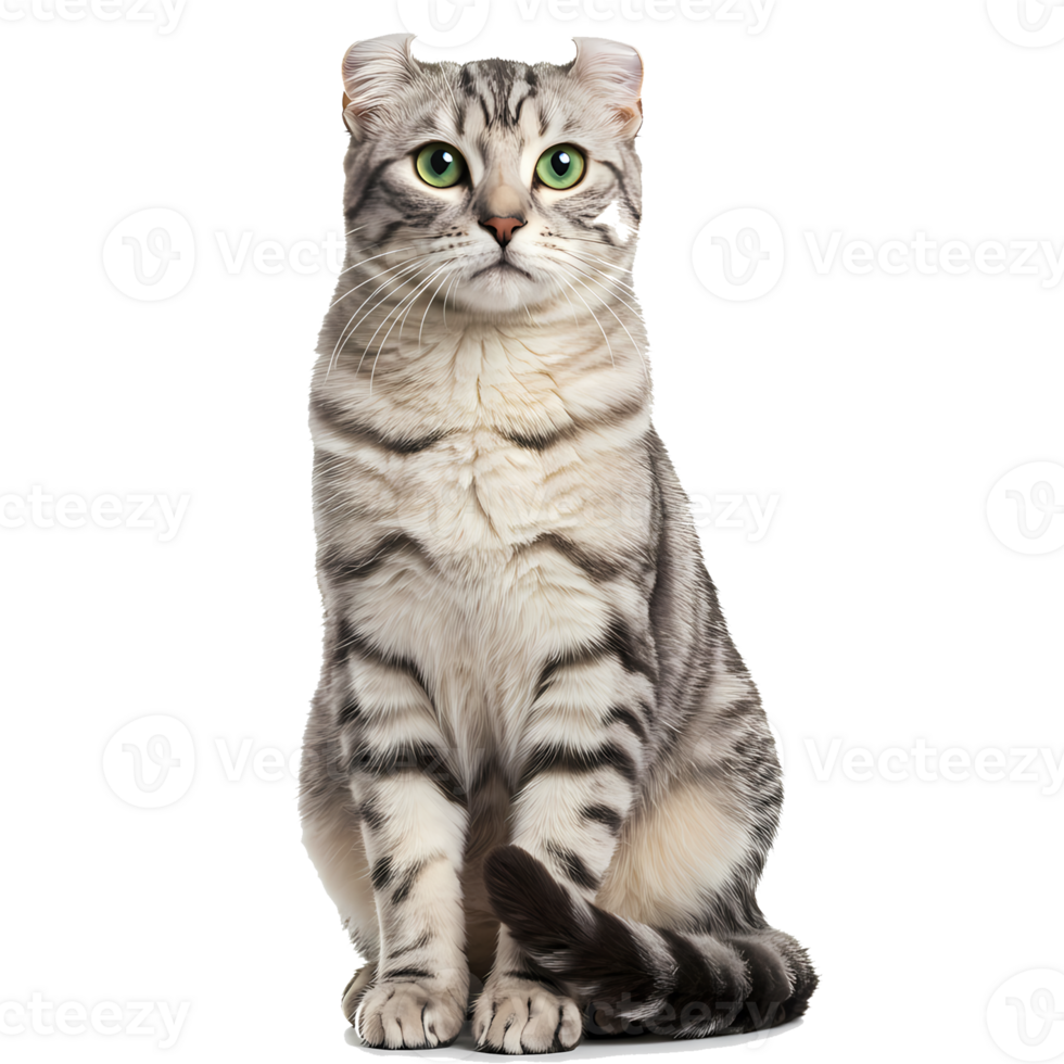A silver tabby cat with green eyes sitting upright and looking forward with a neutral expression shown on transparent background png