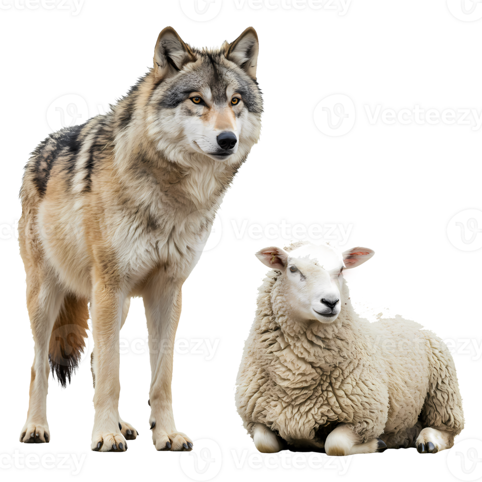 A standing wolf and a resting sheep are positioned together in a composition on a plain setting on transparent background png