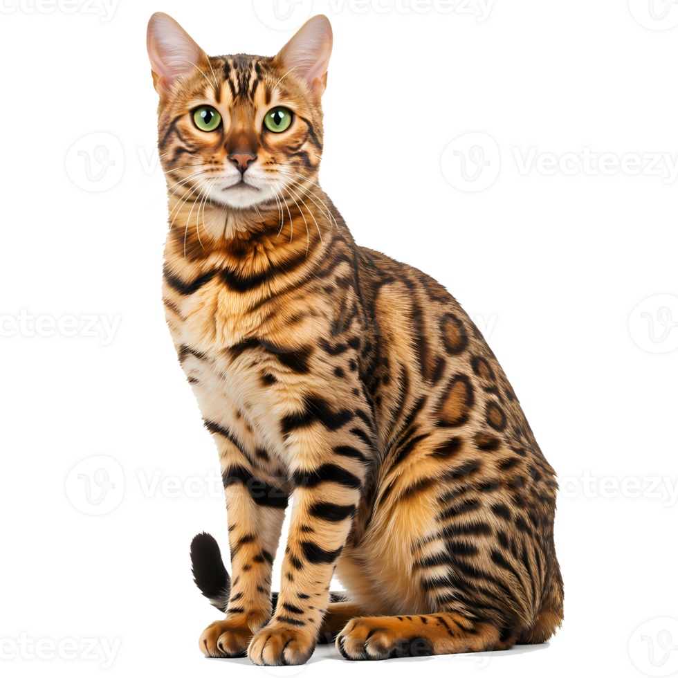 A bengal cat with green eyes sitting upright looking forward with a curious expression on its face on transparent background png