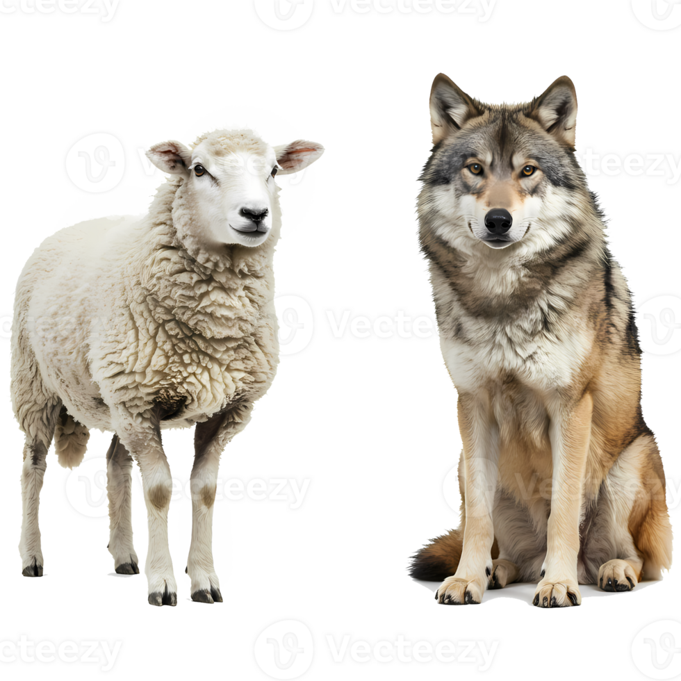 A white sheep standing next to a seated gray wolf against a transparent or alpha channel background on transparent background png