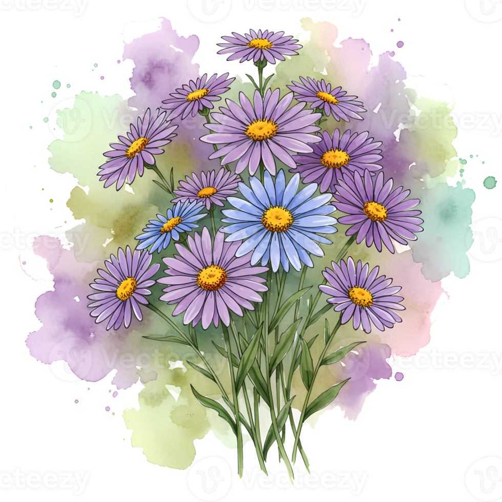 A watercolor painting of a bouquet of daisies with blue and purple petals and yellow centers on a splash on transparent background png