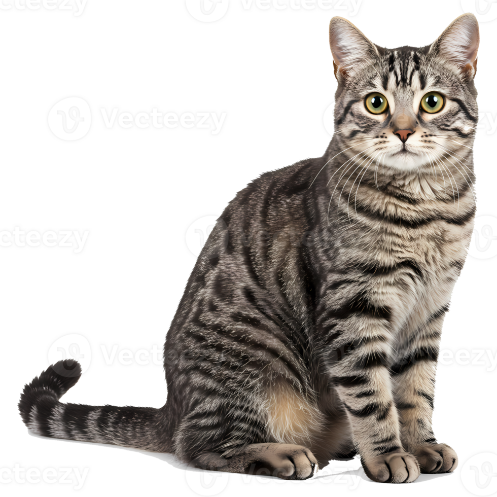 A tabby cat sitting upright with green eyes and striped fur looking forward on a plain backdrop on transparent background png