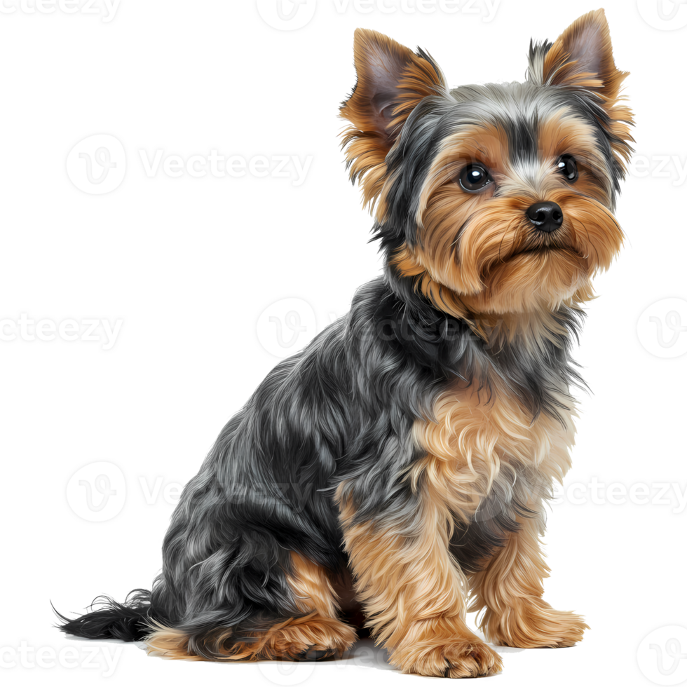 A cute yorkshire terrier puppy sitting upright looking ahead with attentive expression on a plain setting on transparent background png