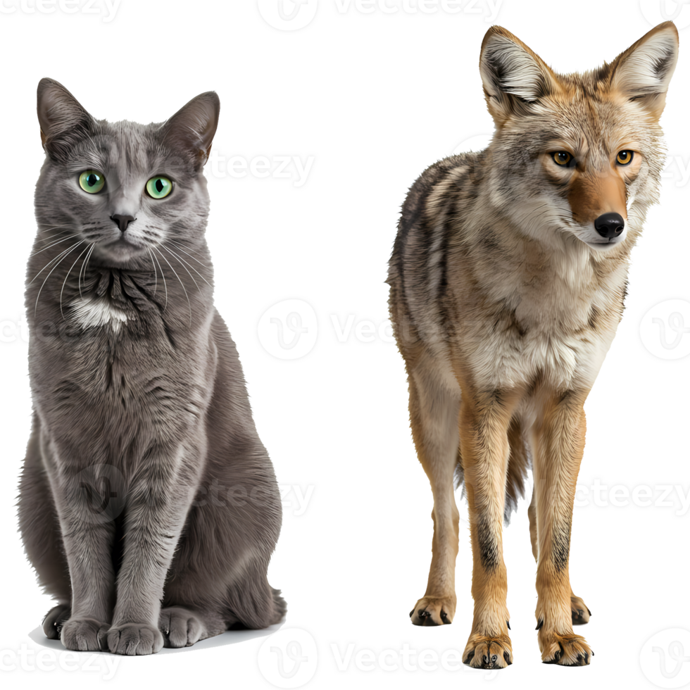 A gray cat with green eyes and a coyote standing next to each other against a plain background image on transparent background png