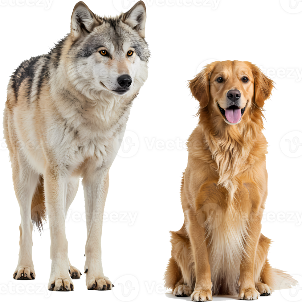 A wolf standing next to a golden retriever dog sitting with its tongue out on a transparent area on transparent background png