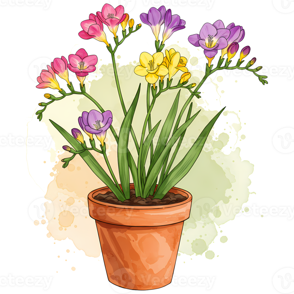 A potted plant with pink yellow and purple flowers and green leaves on a light colored background on transparent background png