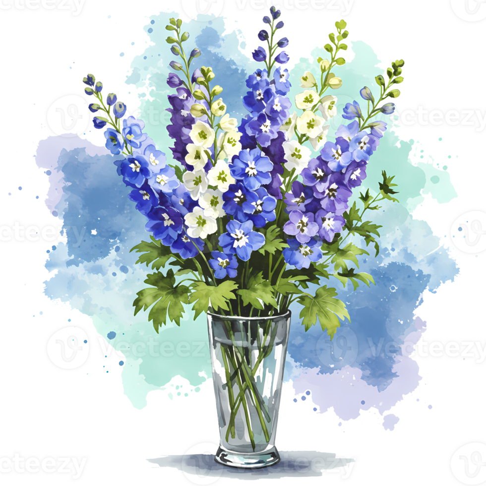 A watercolor painting of delphinium flowers in a glass vase against a soft blue and green background on transparent background png