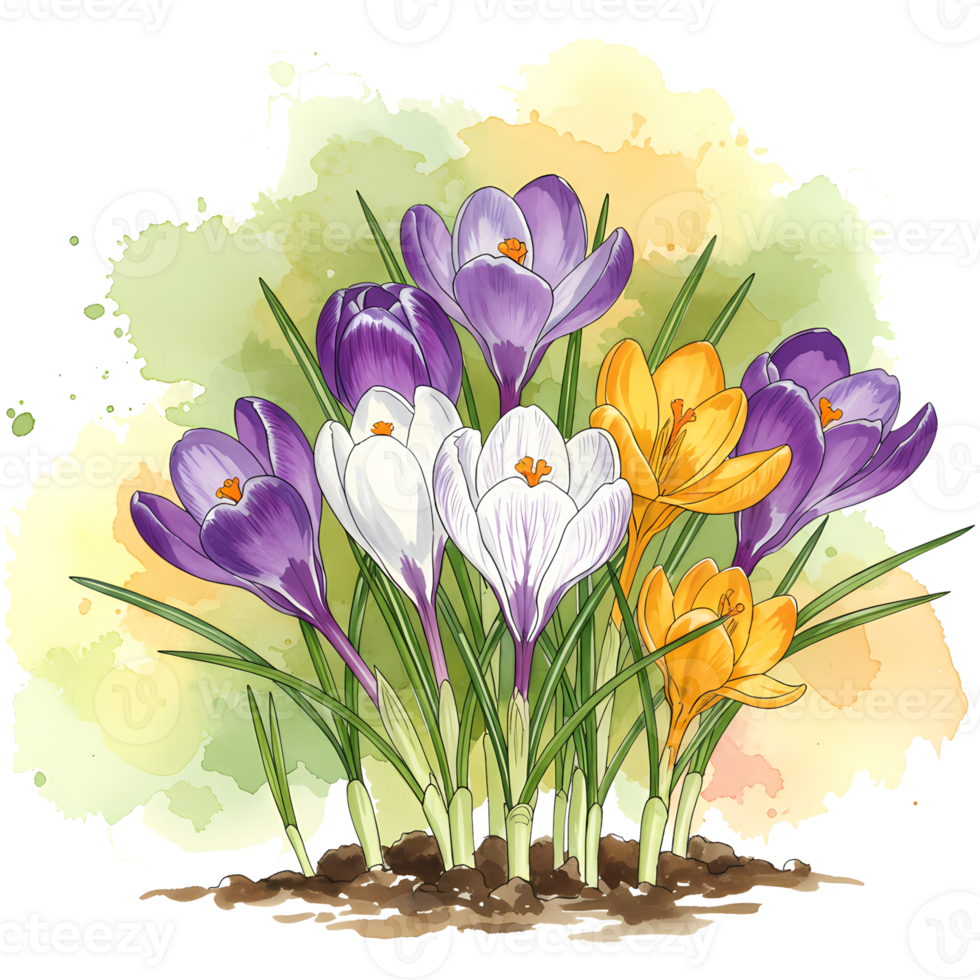 A watercolor painting of colorful crocus flowers with green leaves and a light watercolor wash effect on transparent background png