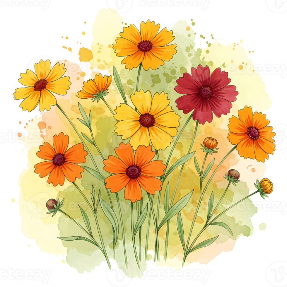 Watercolor depiction of yellow, orange, and red flowers with green stems and leaves on a light background on transparent background png