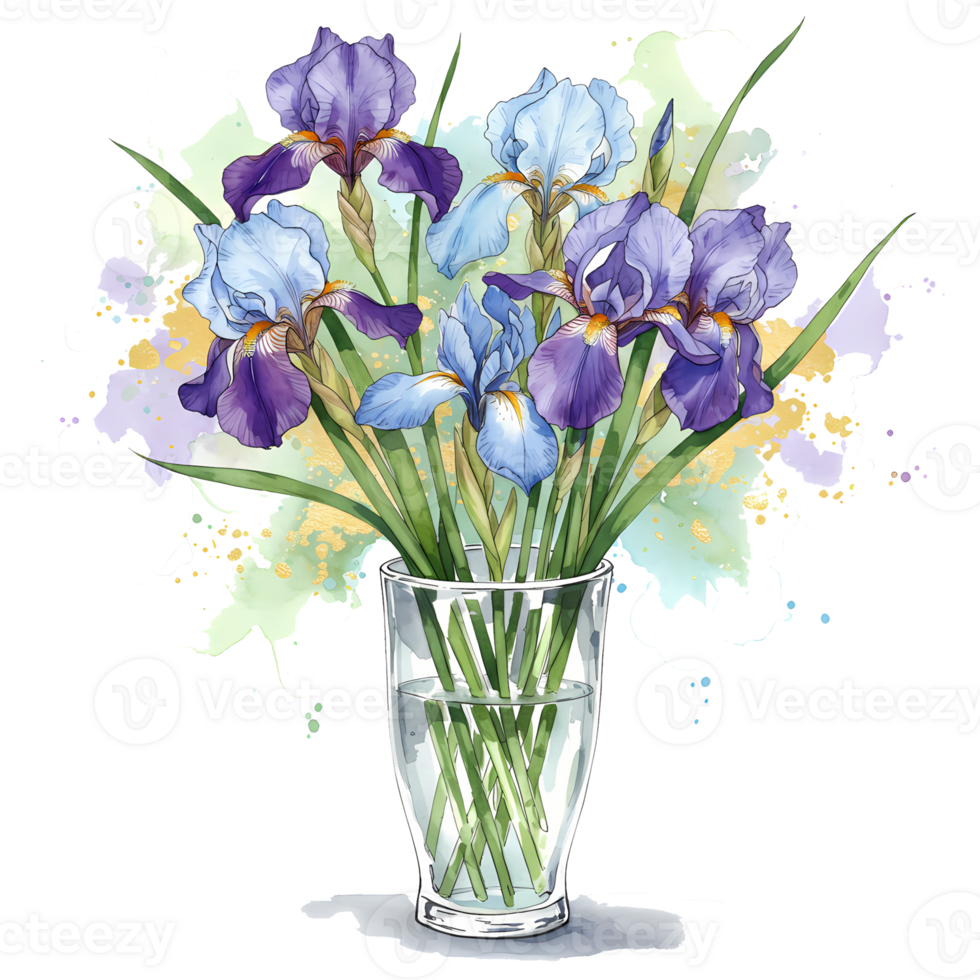 Arrangement of purple and blue iris flowers in a glass vase with water, watercolor style painting art on transparent background png