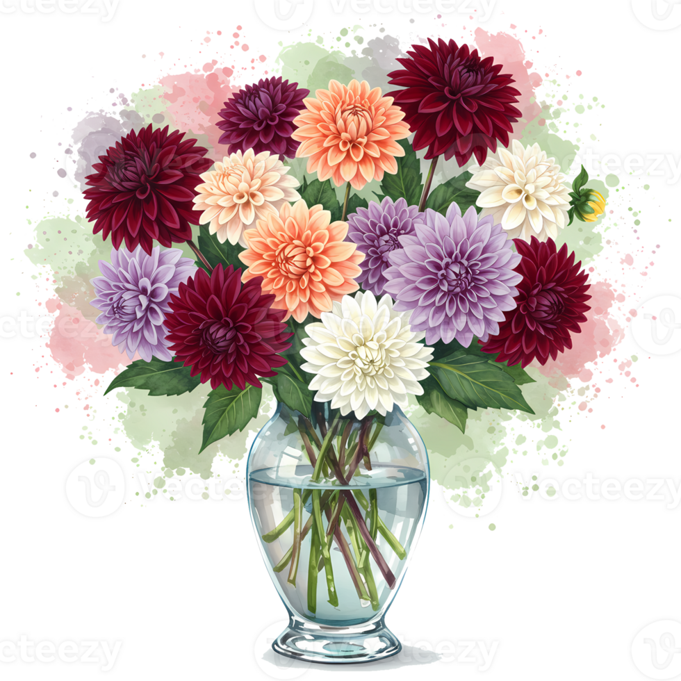 A bouquet of colorful dahlias in a clear glass vase against a soft watercolor style splash backdrop on transparent background png