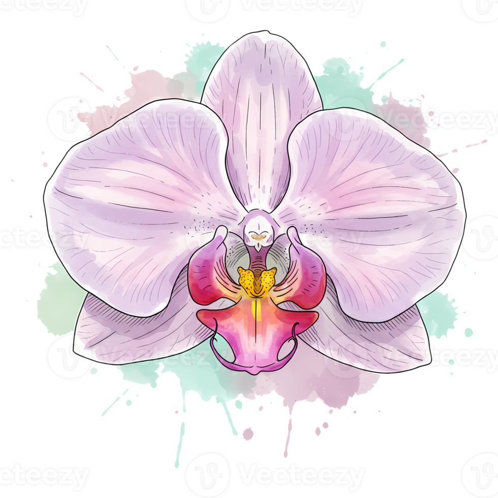 A watercolor style drawing of a single light purple orchid flower with a splash of color behind it on transparent background png