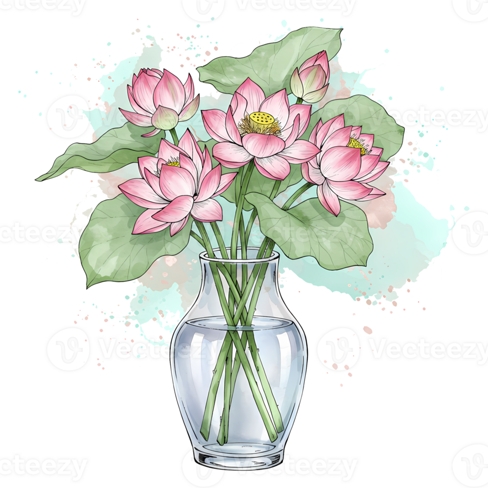 A vase filled with several pink lotuses and green leaves against a watercolor style background art piece on transparent background png