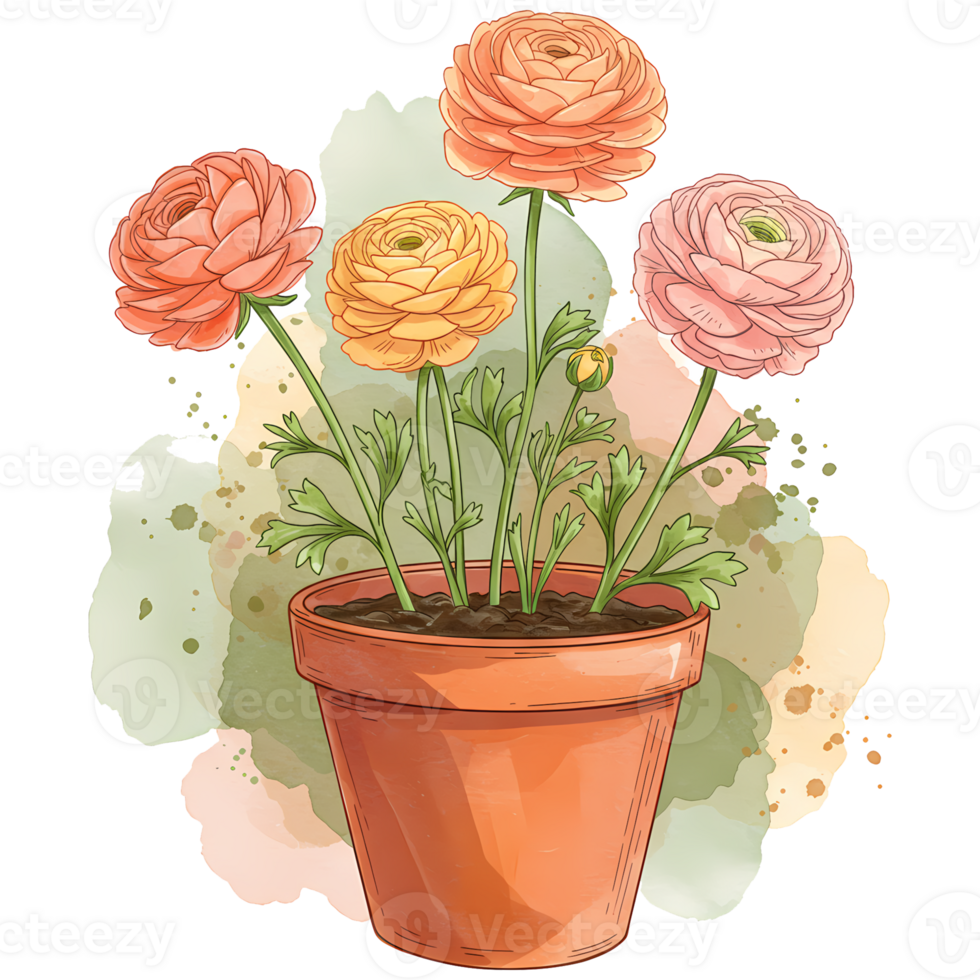 Watercolor ranunculus flowers in a terracotta pot with a muted watercolor splash behind them art on transparent background png