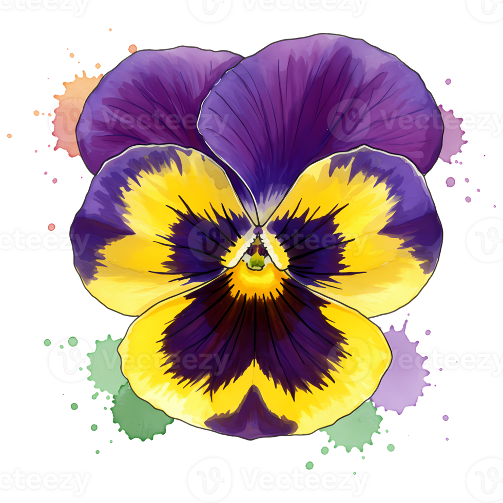 A close up view of a watercolor pansy flower with purple and yellow petals on a solid setting on transparent background png