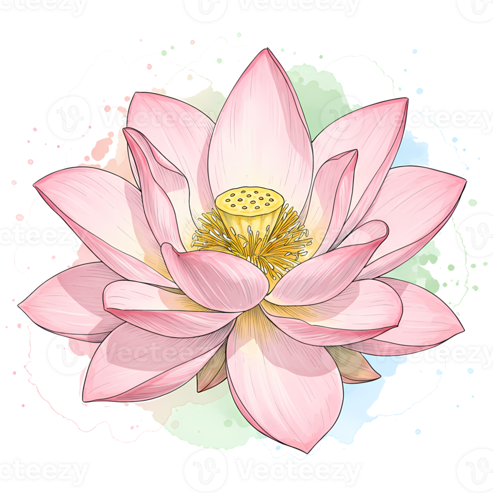 A beautiful pink lotus flower with yellow center and soft watercolor style spots surrounding it art piece on transparent background png