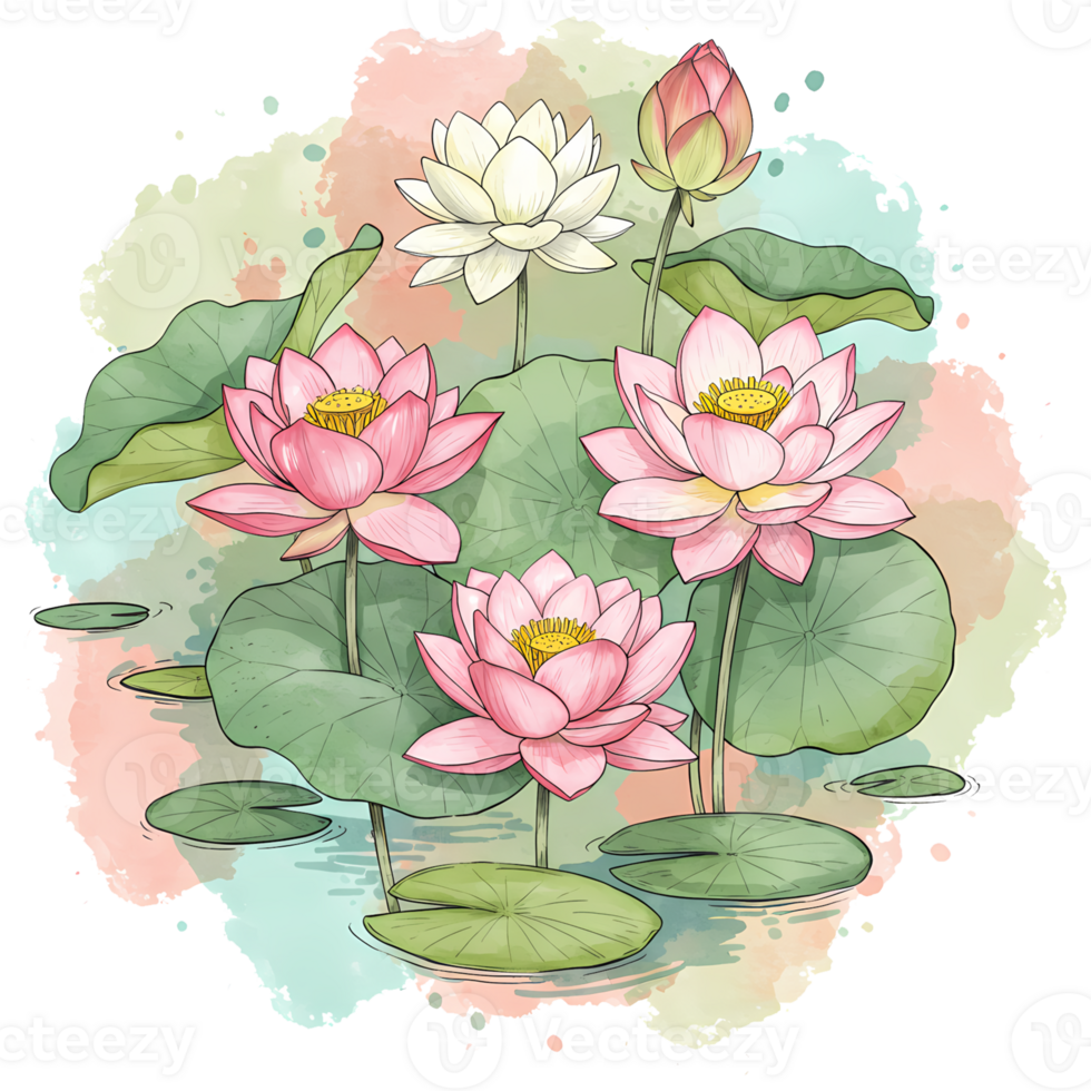 Watercolor painting of pink and white lotus flowers with green leaves in a pond with soft colors on transparent background png