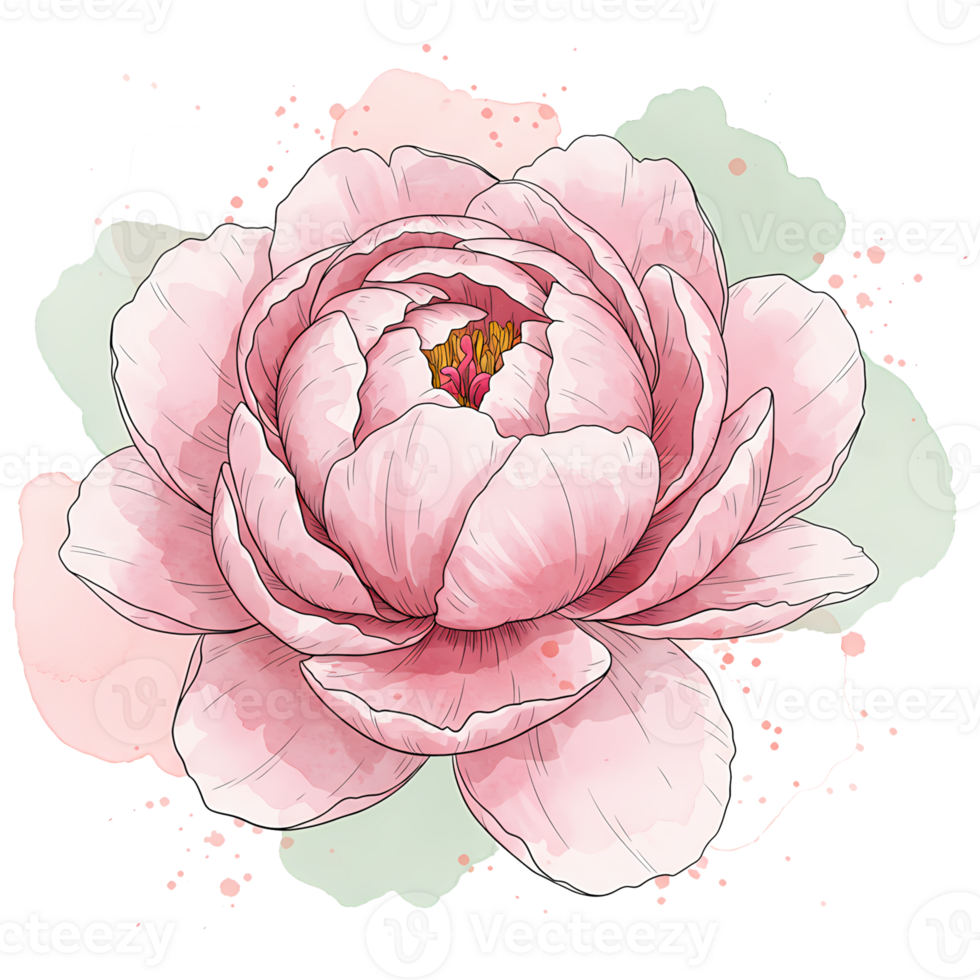 A watercolor style drawing of a pink peony flower with a green and pink watercolor splash behind it on transparent background png
