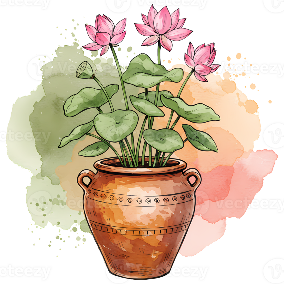 A terracotta pot containing pink lotus flowers and green leaves against a watercolor splash design on transparent background png