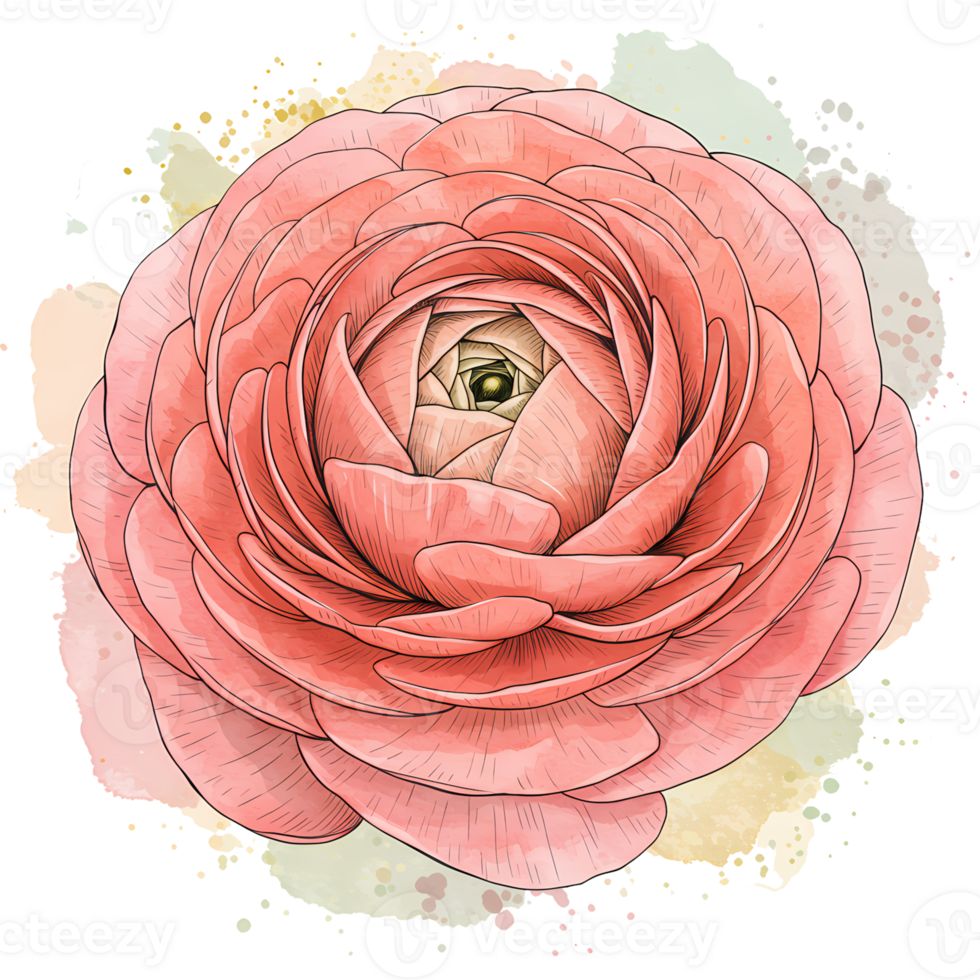 Close up view of a pink ranunculus flower with soft watercolor effects around the edges of the bloom on transparent background png
