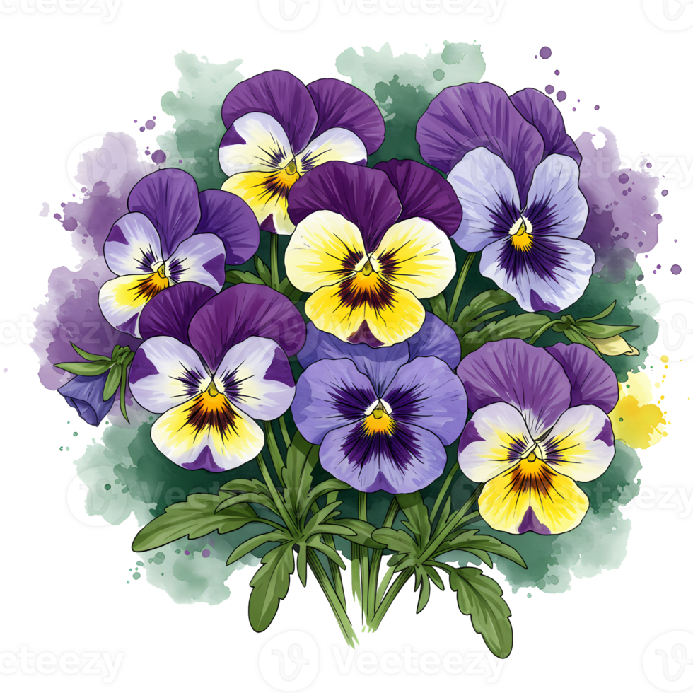 A watercolor painting of a cluster of pansies with purple yellow and blue petals and green leaves on transparent background png
