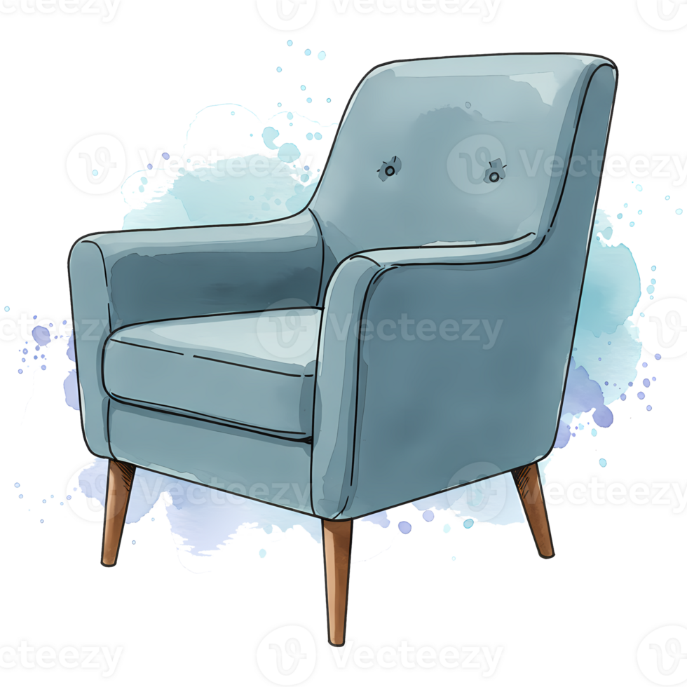 A light blue armchair with wooden legs and a watercolor effect around it on a transparent setting on transparent background png