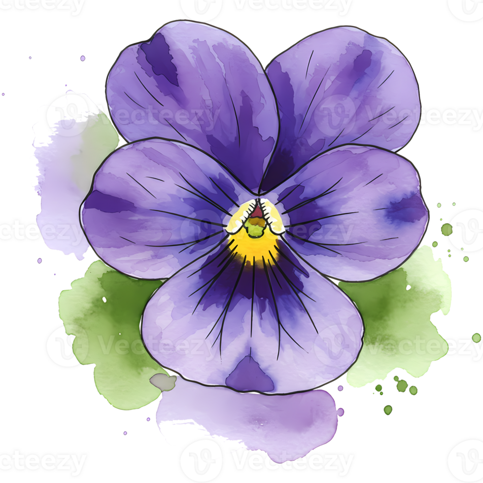 A watercolor painting of a pansy flower with purple petals and a yellow center on a transparent canvas on transparent background png