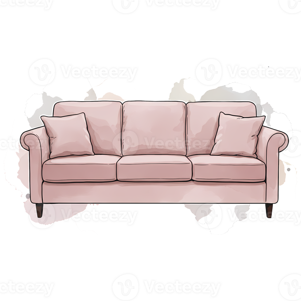 A light pink sofa with three cushions and two pillows on a transparent digital rendering style image on transparent background png