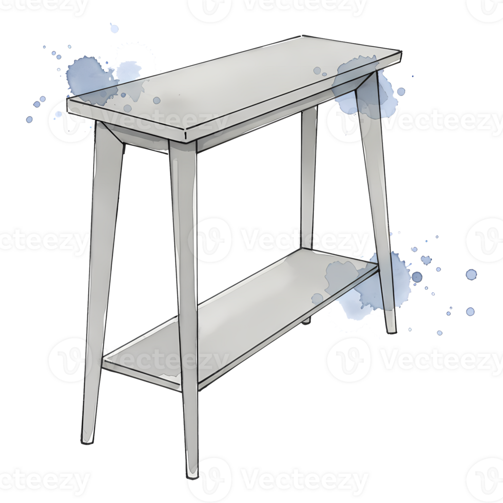 A simple rendering of a light colored table with two shelves on a transparent surrounding space on transparent background png