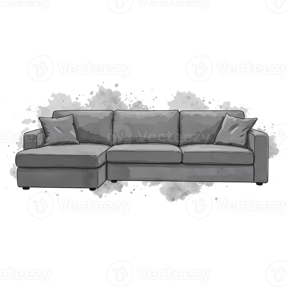 A sectional sofa with pillows in a neutral tone against a simple backdrop in a watercolor style art on transparent background png