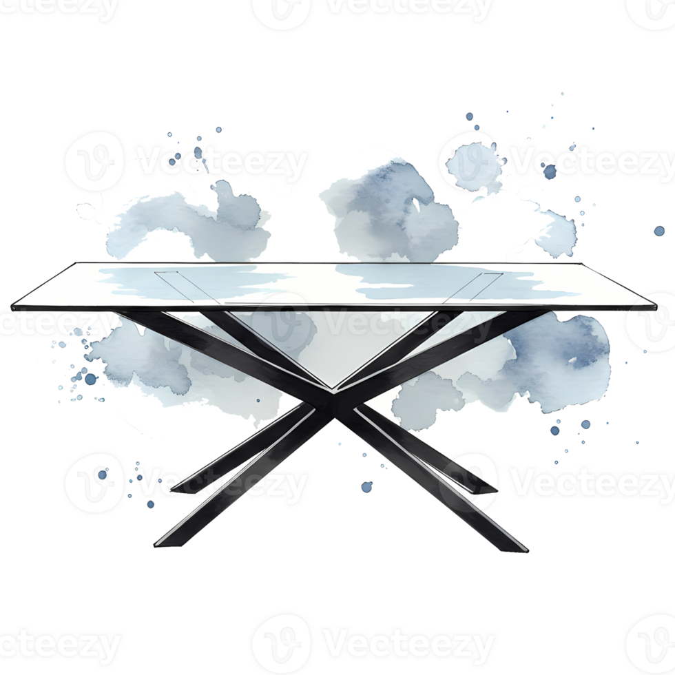 A stylized rendering of a table with a white top and a geometric base on a watercolor style design on transparent background png
