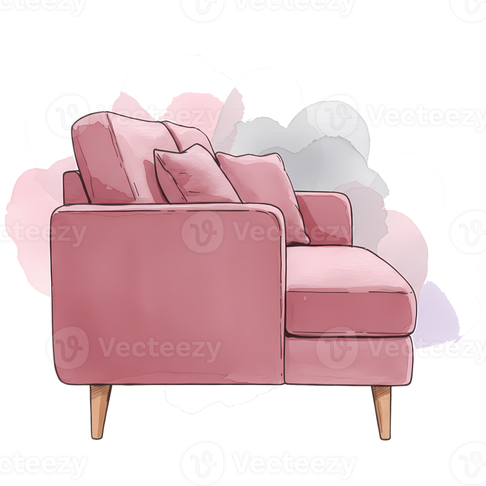 A cozy pink sofa with pillows and wooden legs against a watercolor cloud like background design art on transparent background png