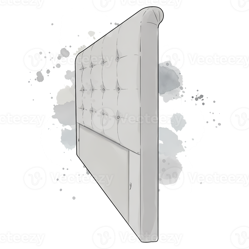 A side view of an upholstered headboard with tufted buttons against a neutral abstract design on transparent background png