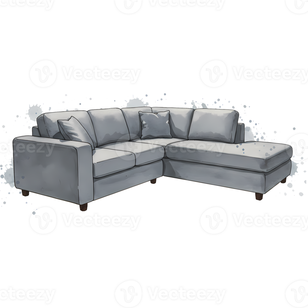 Sectional sofa with pillows and chaise lounge in a watercolor style against a plain background on transparent background png