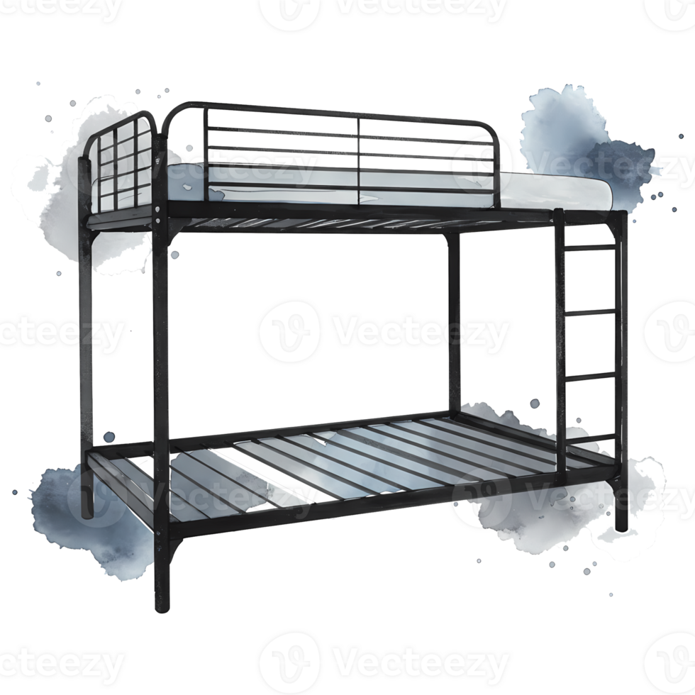 A metal bunk bed with a ladder and two mattresses against an isolated neutral color backdrop art on transparent background png